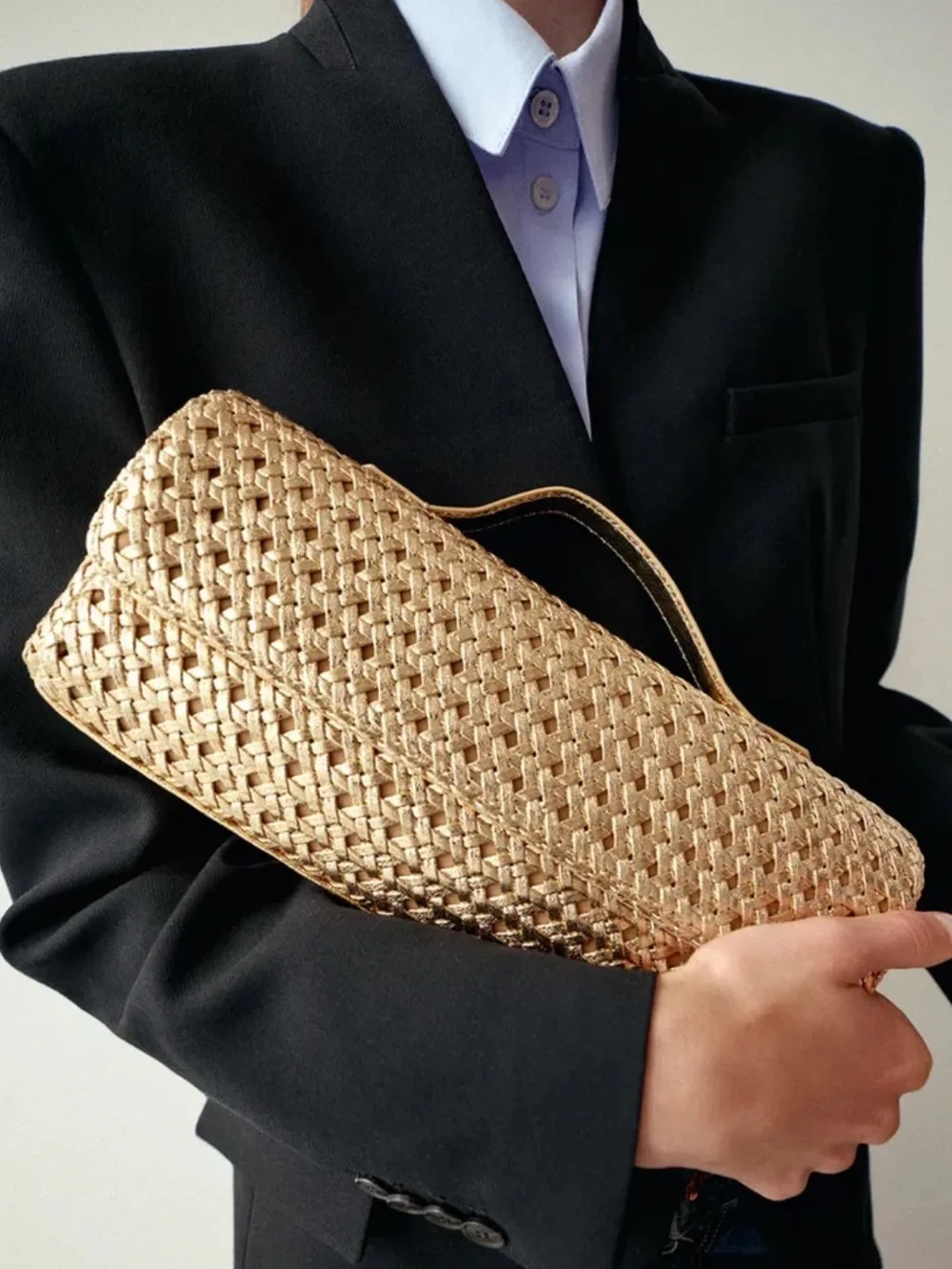 New Zara Gold Woven Envelope Bag with Gold Chain Crossbody Strap and Top Handle